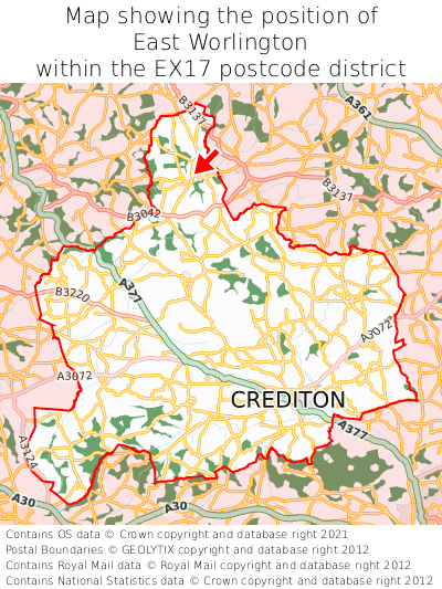 Map showing location of East Worlington within EX17