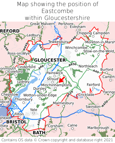 Map showing location of Eastcombe within Gloucestershire