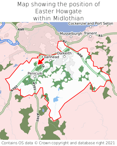 Map showing location of Easter Howgate within Midlothian