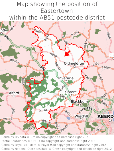 Map showing location of Eastertown within AB51