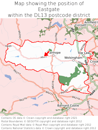 Map showing location of Eastgate within DL13