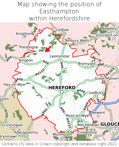 Map showing location of Easthampton within Herefordshire