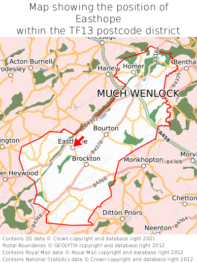 Map showing location of Easthope within TF13