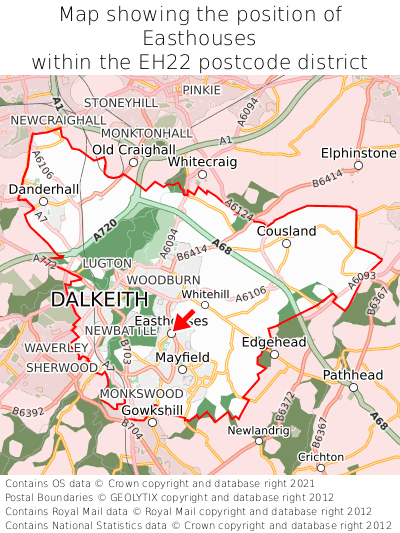 Map showing location of Easthouses within EH22