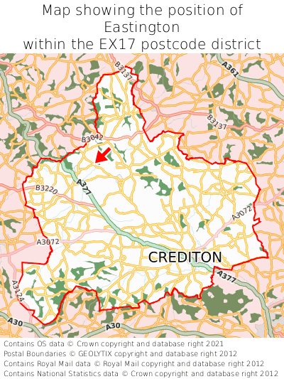 Map showing location of Eastington within EX17