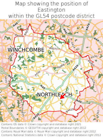 Map showing location of Eastington within GL54