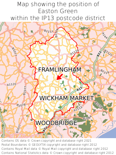 Map showing location of Easton Green within IP13