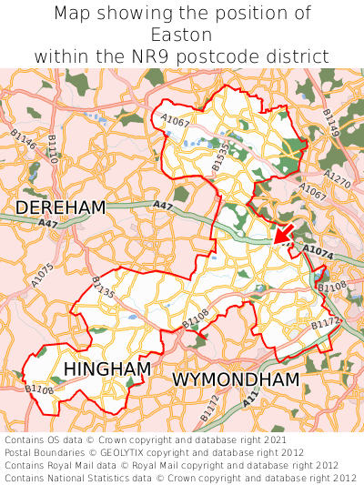 Map showing location of Easton within NR9