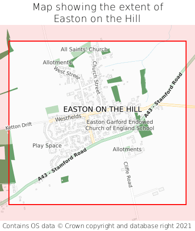Map showing extent of Easton on the Hill as bounding box
