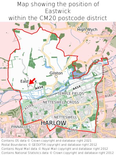 Map showing location of Eastwick within CM20