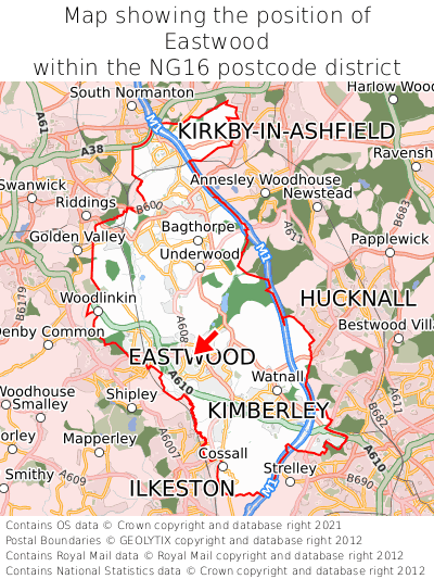 Map showing location of Eastwood within NG16