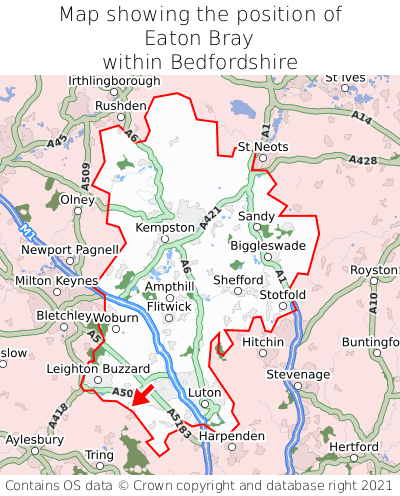 Map showing location of Eaton Bray within Bedfordshire