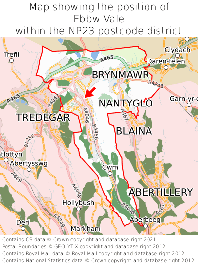 Map showing location of Ebbw Vale within NP23