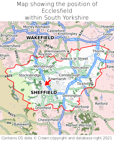 Map showing location of Ecclesfield within South Yorkshire