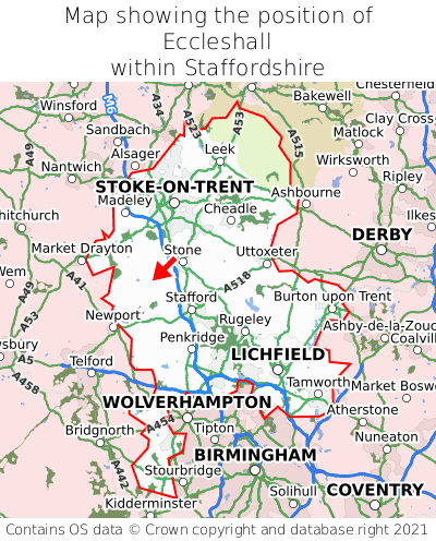 Map showing location of Eccleshall within Staffordshire