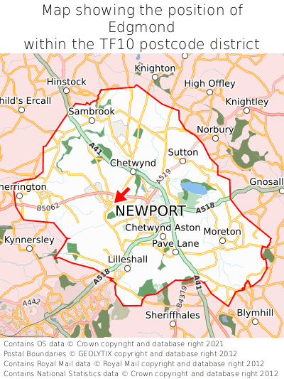 Map showing location of Edgmond within TF10