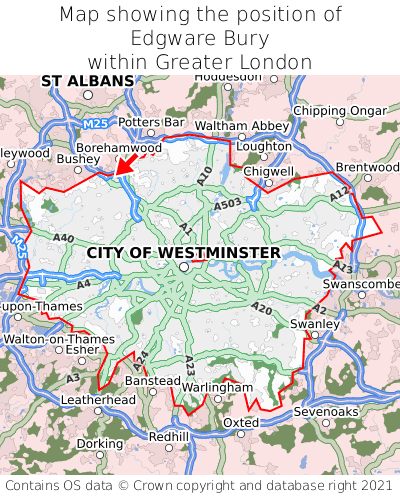 Map showing location of Edgware Bury within Greater London