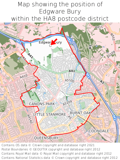 Map showing location of Edgware Bury within HA8