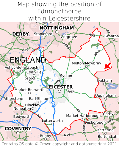 Map showing location of Edmondthorpe within Leicestershire
