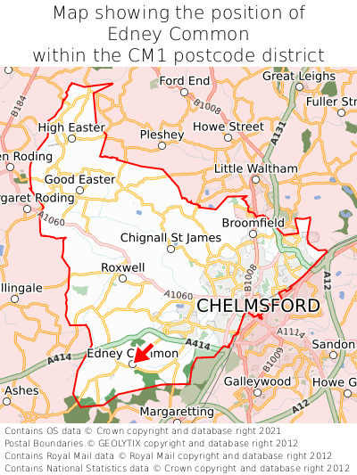 Map showing location of Edney Common within CM1