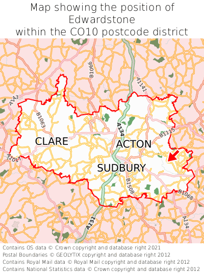 Map showing location of Edwardstone within CO10