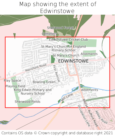 Map showing extent of Edwinstowe as bounding box