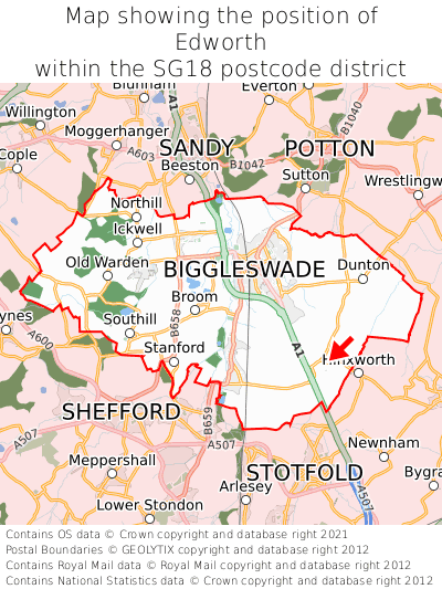Map showing location of Edworth within SG18