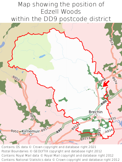 Map showing location of Edzell Woods within DD9