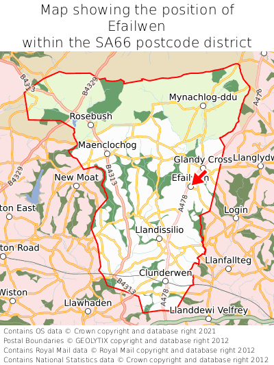 Map showing location of Efailwen within SA66