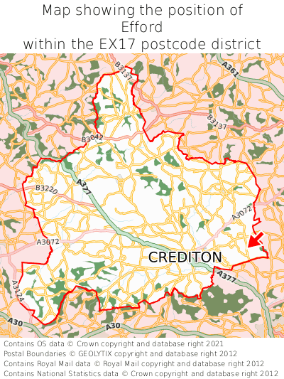 Map showing location of Efford within EX17