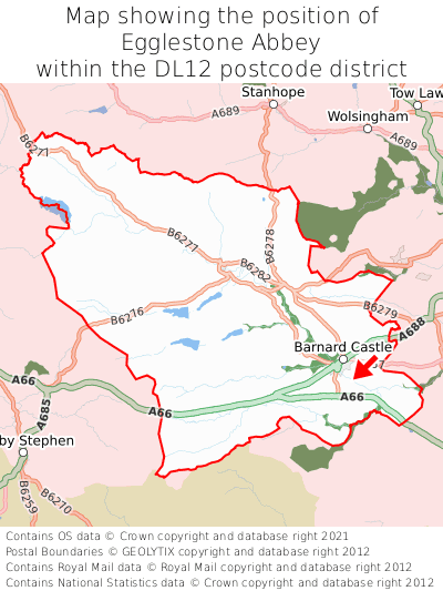 Map showing location of Egglestone Abbey within DL12