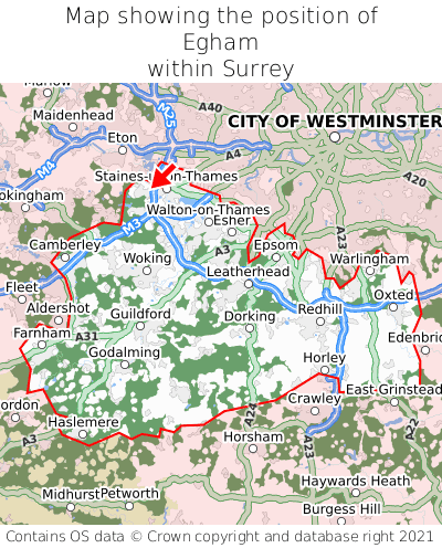 Map showing location of Egham within Surrey