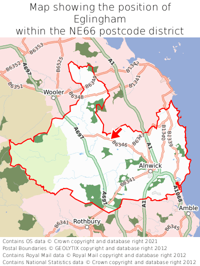 Map showing location of Eglingham within NE66