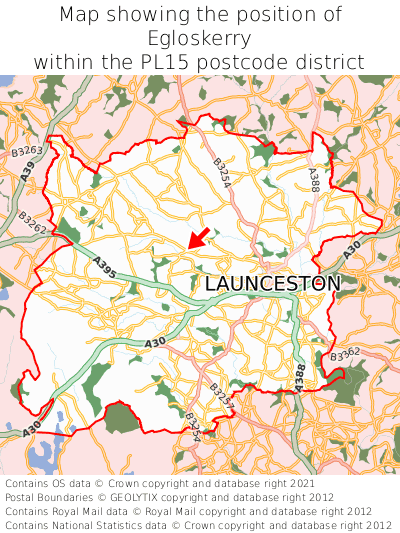 Map showing location of Egloskerry within PL15