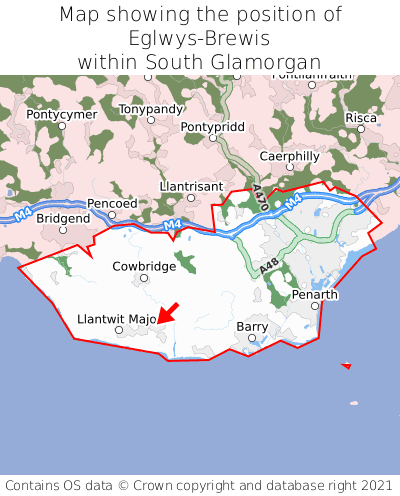 Map showing location of Eglwys-Brewis within South Glamorgan