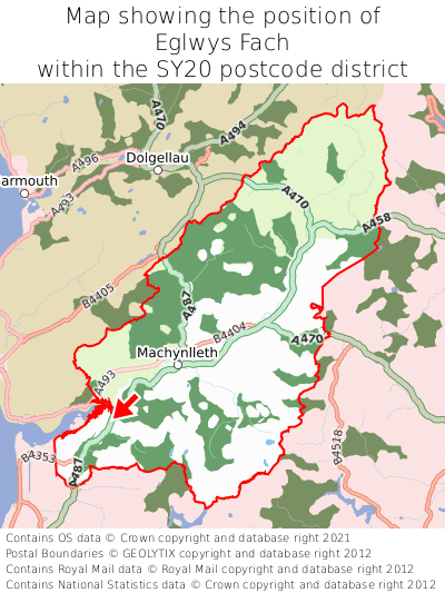 Map showing location of Eglwys Fach within SY20