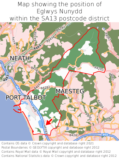 Map showing location of Eglwys Nunydd within SA13