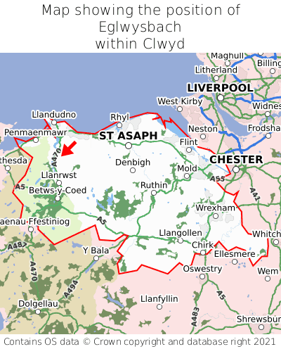 Map showing location of Eglwysbach within Clwyd