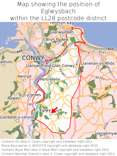 Map showing location of Eglwysbach within LL28