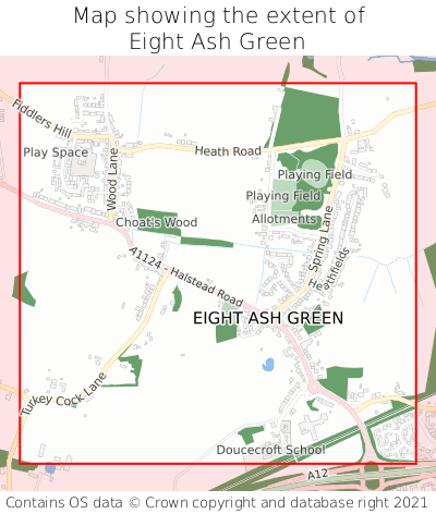 Map showing extent of Eight Ash Green as bounding box