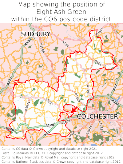 Map showing location of Eight Ash Green within CO6