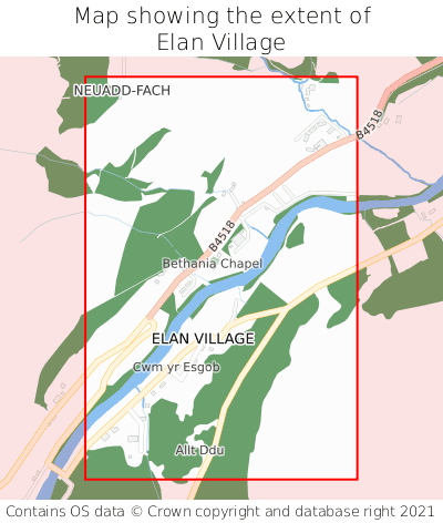 Map showing extent of Elan Village as bounding box