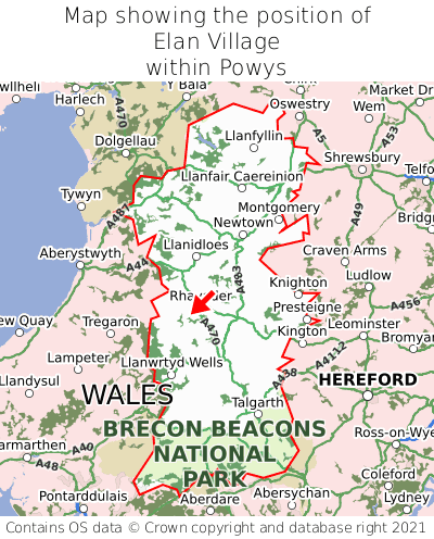 Map showing location of Elan Village within Powys