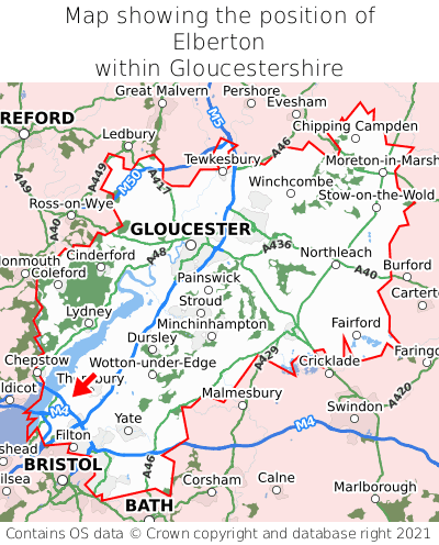 Map showing location of Elberton within Gloucestershire
