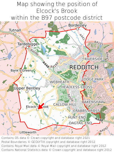 Map showing location of Elcock's Brook within B97