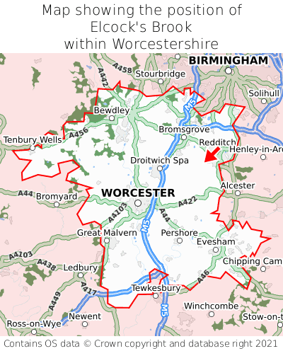 Map showing location of Elcock's Brook within Worcestershire
