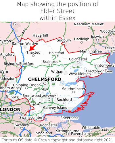 Map showing location of Elder Street within Essex