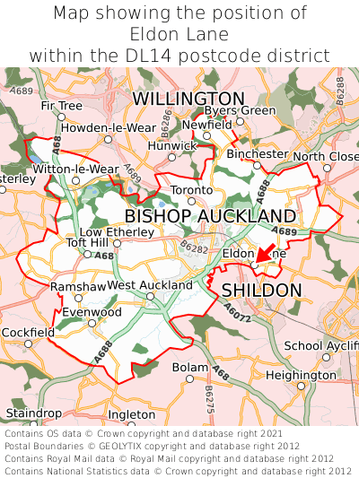 Map showing location of Eldon Lane within DL14