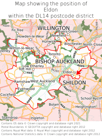 Map showing location of Eldon within DL14
