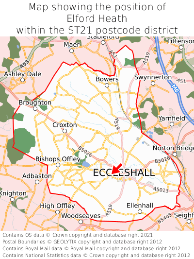 Map showing location of Elford Heath within ST21